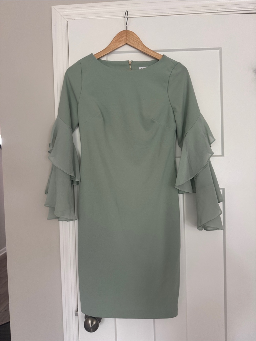 Calvin Klein Sage Green Midi Dress with Ruffle Sleeves